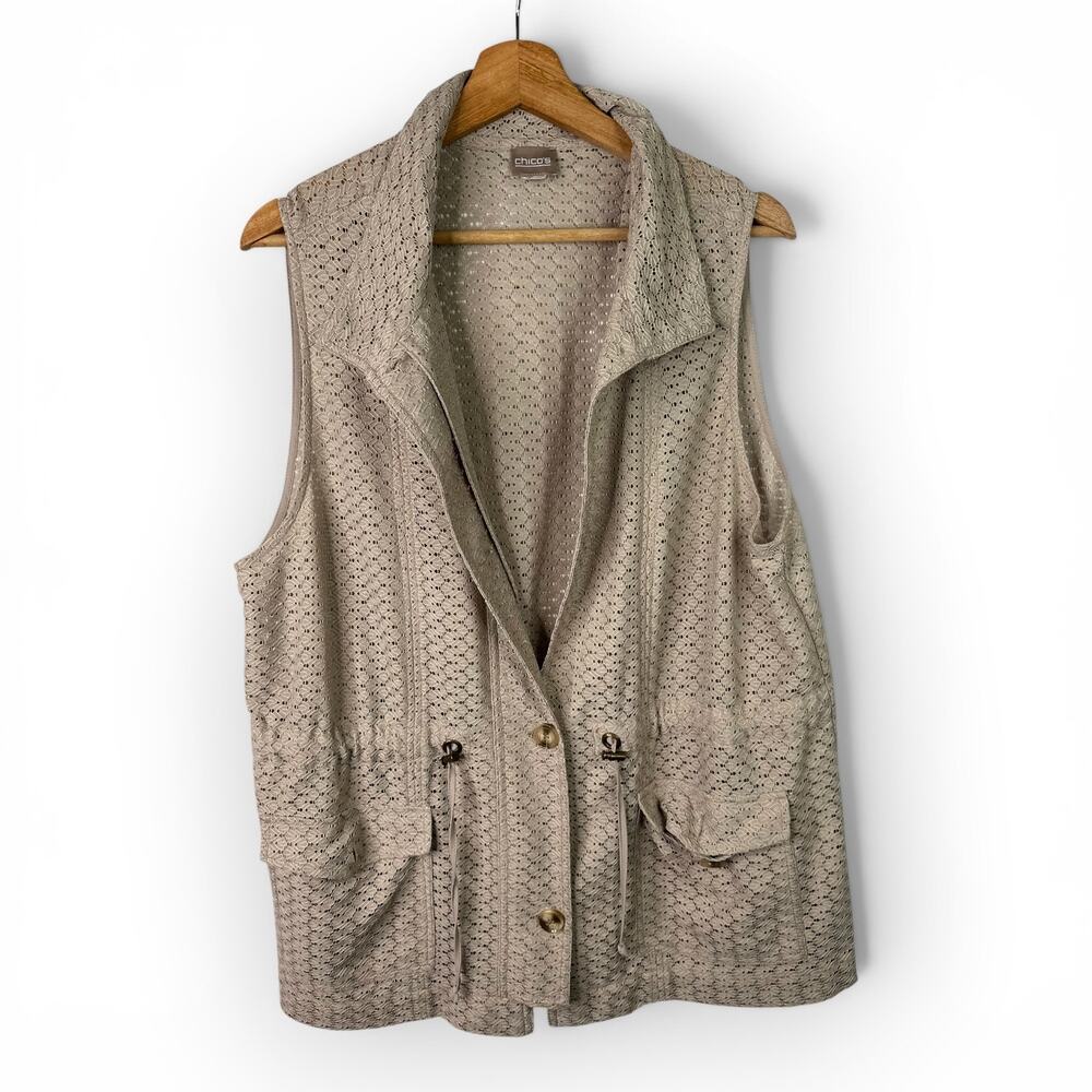 Chicos Lace Crochet Vest Womens 3 XL Taupe Sleeveless Cinch Waist Topper Jacket